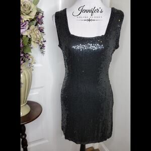 Sweelo Vintage Black Silk Sequin Cocktail Party Dress